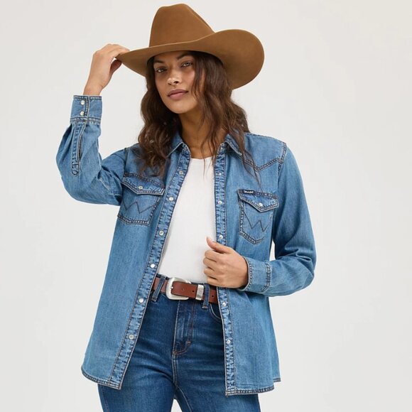 Wrangler Long Sleeve Western Snap Denim Shirt - Picture 1 of 8